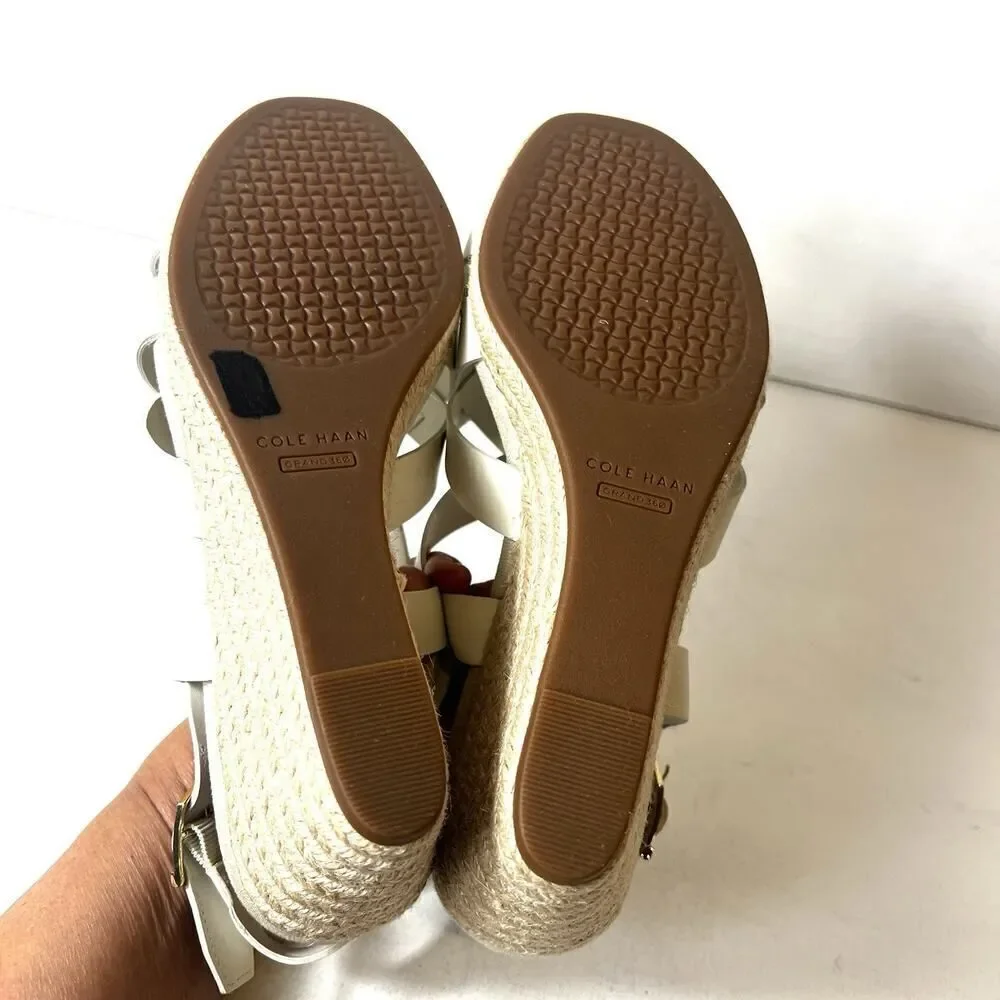Cole Haan Womens Sz 9.5 B Wedge White Leather Espadrille Sling Back Open Toe NEW